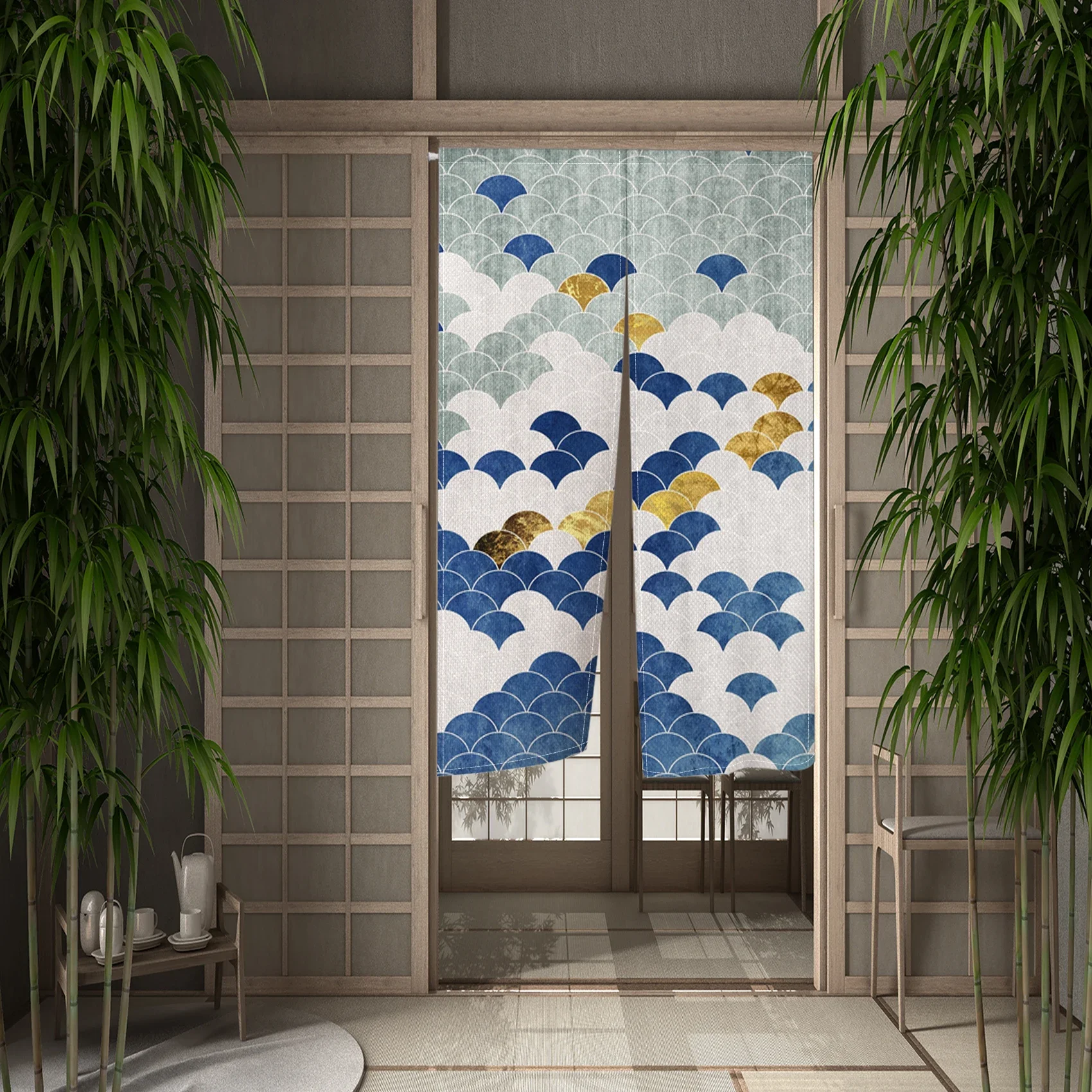 Japanese Style Linen Door Curtains Ocean Wave Print Living Room Bedroom Partition Split Doorway Curtains Velcro Half Curtains