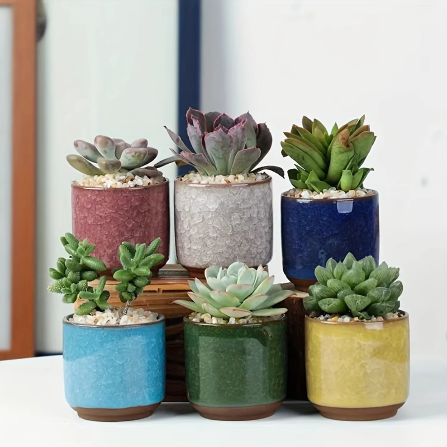 

Cracked Ice Ceramic Succulent Planters Set - Stylish Decor for Home, Office & Garden - Cactus Pots with Drainage Holes - Unique