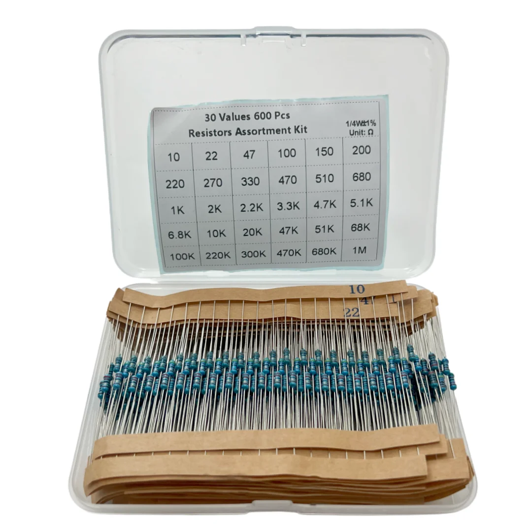 600 pieces of 1/4W metal film resistors with 1% accuracy, commonly used in 30 combinations, 20 pieces of each.