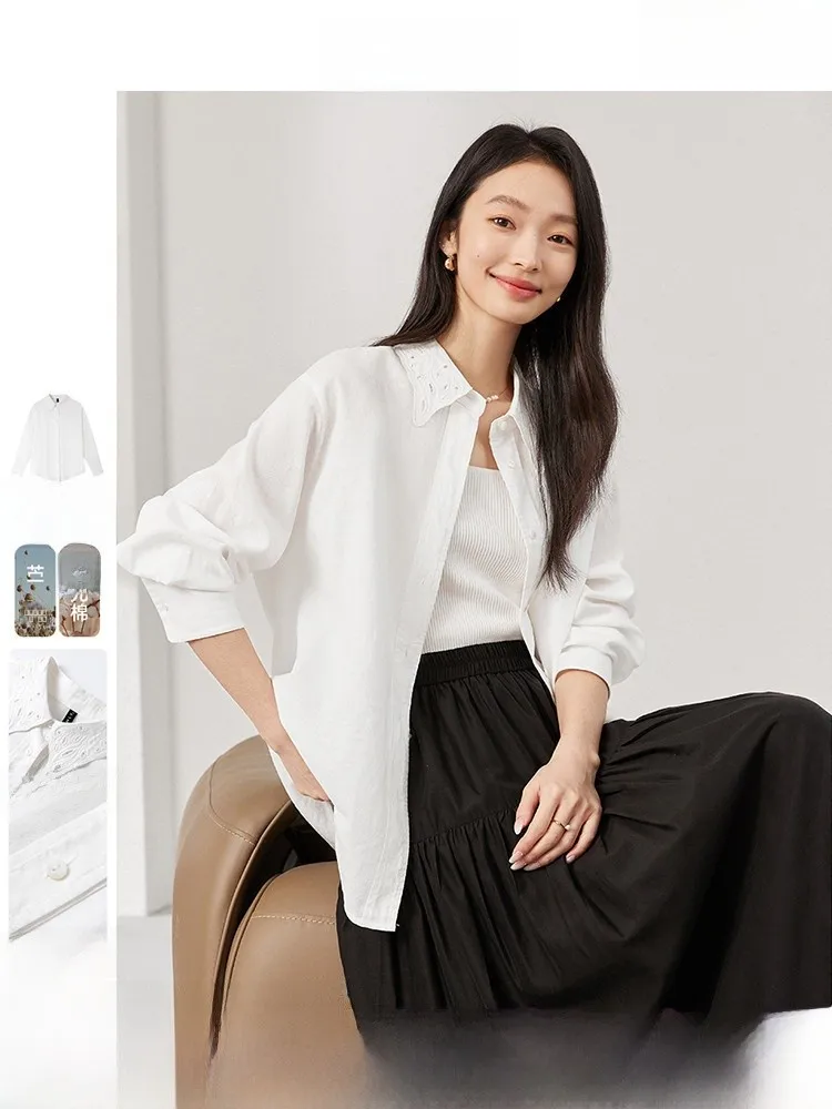 

Женская рубашка с длинным рукавом и вышитым воротником, свободного кроя, для повседневной носки, модный стиль, с ажурным дизайном, из смесового хлопка и льна, осенняя новинка