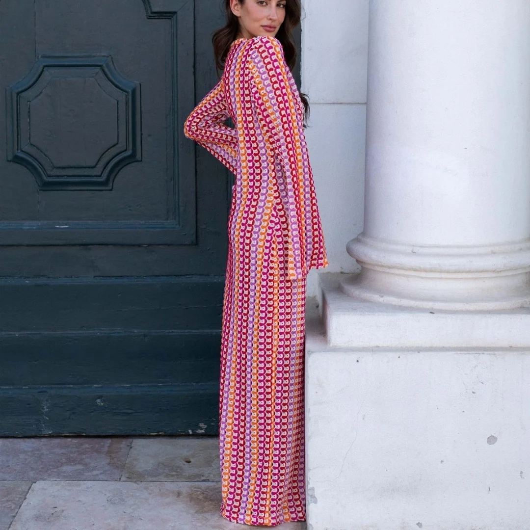 Crochet Colorful Stripe Maxi Dress Women Flare Sleeve Deep V-neck Split Sexy Long Dresses Spring Autumn Beach Banquet Vestidos - Image 5