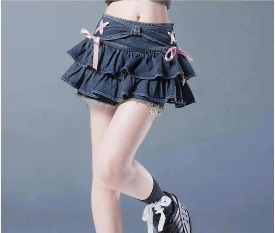 Denim Women Hot Girls Skirts Mini Sweet Kawail Bow Y2K Streetwear Vintage Summer 2025 New Skirt A-Line Sexy Chic Female Clothes