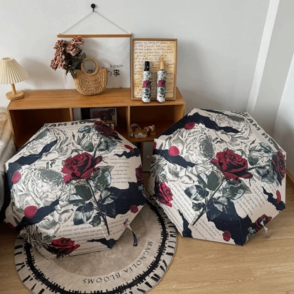 

Rose Pattern Automatic Umbrella Reinforced Frame Three Folding Folding Umbrella Portable Lightweight UV Protection Umbrella