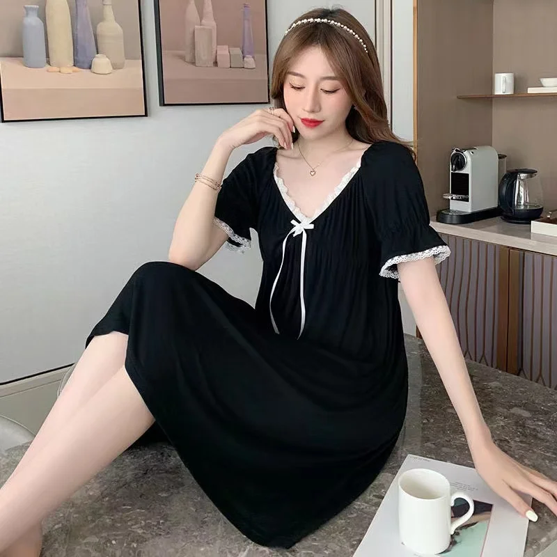 Women\'s Sleep & Lounge New Soft Women Sleep Skirt Cotton Short Sleeves Nightdress Black Luxury Ladies Shirt Casual Home Dress