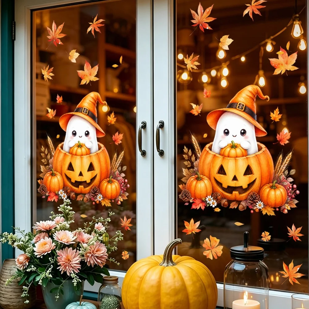 2pcs Fall Cute Ghost Hedgehog Static Window Clings, Thanksgiving Halloween Pumpkin Maple Leaf Window Stickers, No Glue Reusable