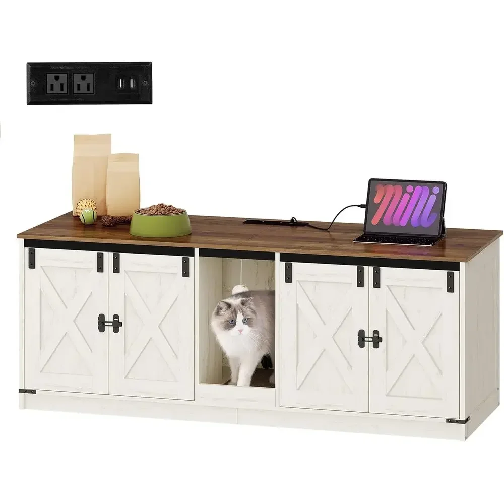 Rustic Double-Room Cat Litter Enclosure with Power Outlets and USB Ports