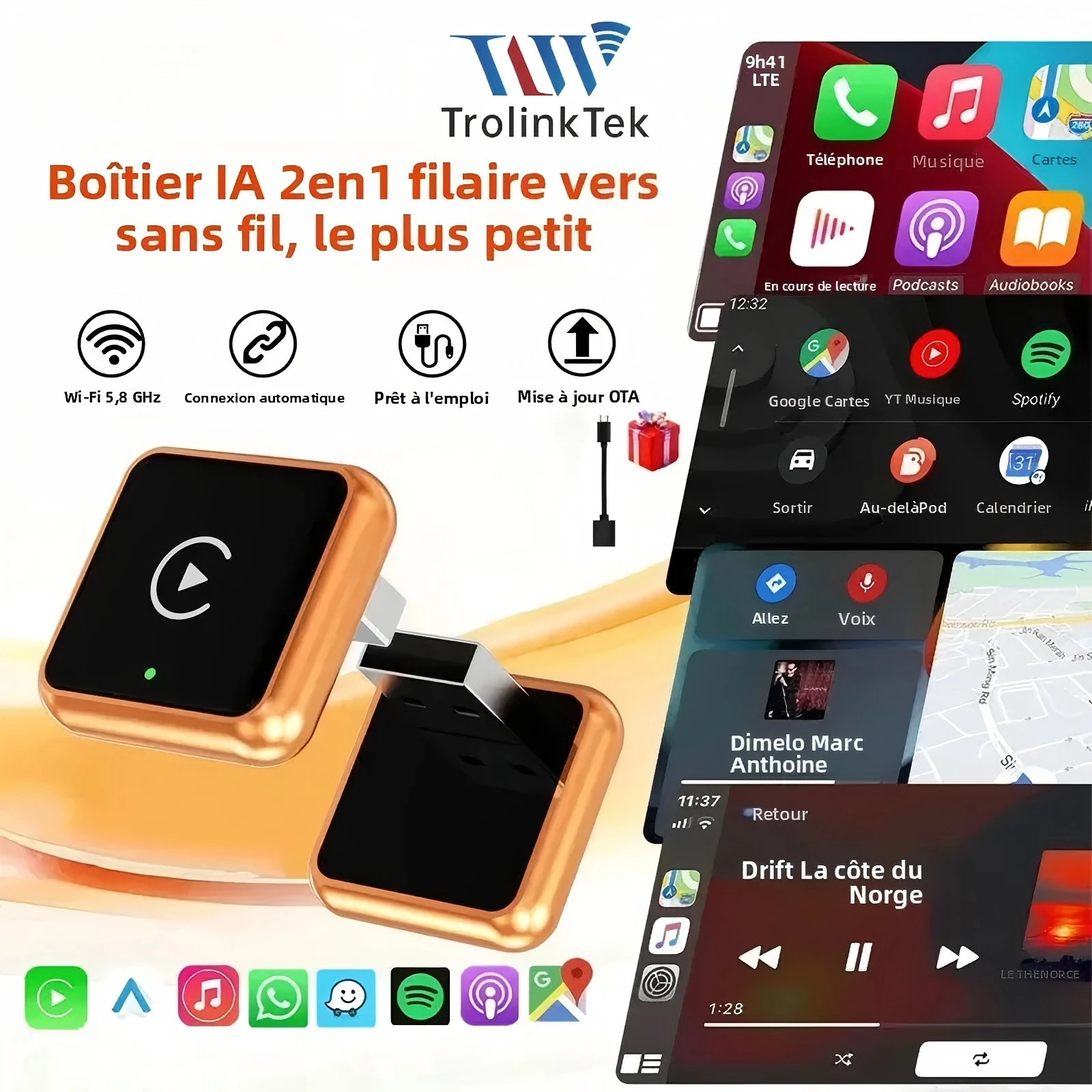 TrolinkTek 2026 2 IN 1 Wireless CarPlay Adapter and Android Auto Smart USB Adapter Plug and Play for Mazda Haval Kia Volvo Audi