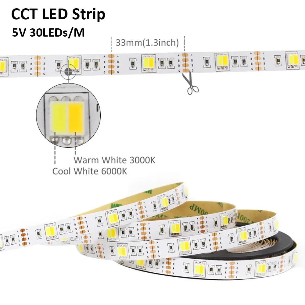 CCT LED Strip Lights 5V USB Dimmable 30LEDs/m SMD5050 CW WW Dual White Flexible Ribbon Mini Controller Backlight TV Lighting