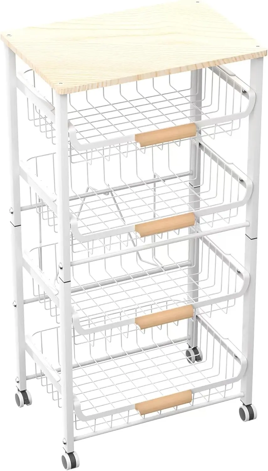 

5-Layer Fruit Basket Kitchen Food Storage Organizer and Storage Rack, Stackable Storage cart with Desktop, Pull-Out Hollow Metal