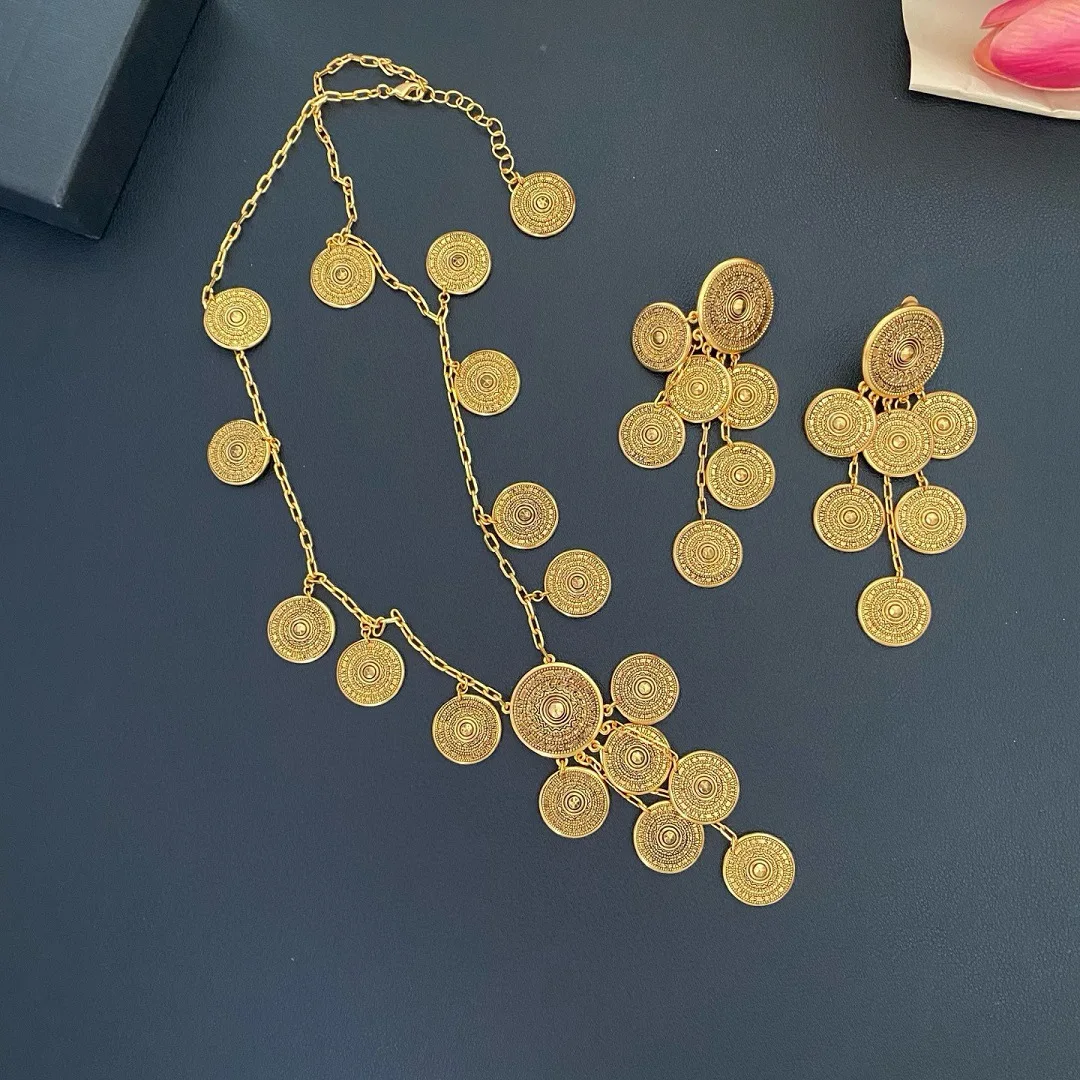 Retro Literary Elegant Heavy Industry Niche Design Simple and Generous Coin Necklace Earring,Fashion Trend Exaggerated Ear Clip