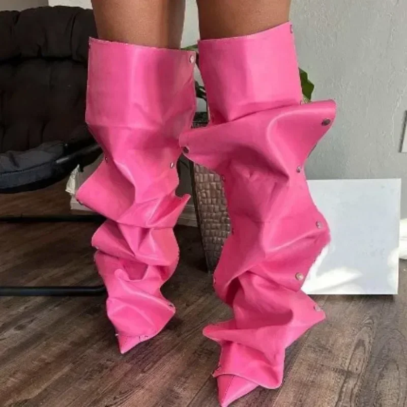 

High Heel Long Boots for Women High Botte Winter Boots Shoes for Botas Mujer Thin Heeled Pointed Denim Boots Metal Button Shoes