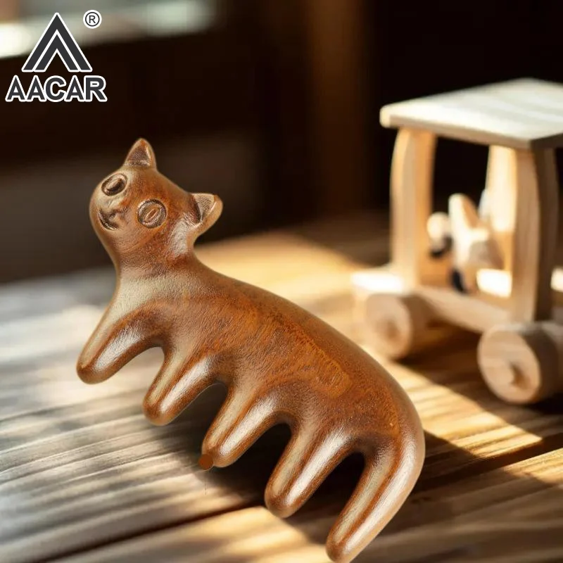 

Cat Shape Sandalwood Hair Comb Scalp Relax Acupoint Massager Portable Wooden Handle Five Teeth Comb Anti-Static Styling Tool