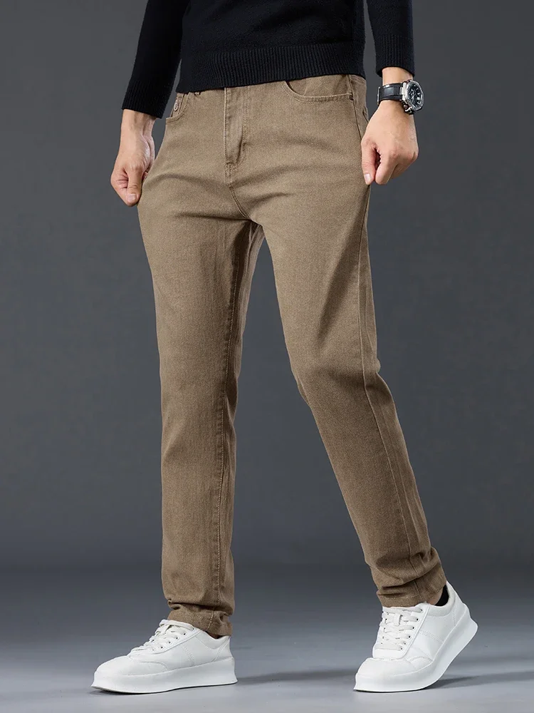 خريف 2025 جديد مستقيم جينز سترتش الرجال تطريز أنيق جيب سميكة سراويل مريحة الأعمال عادية سراويل جينز