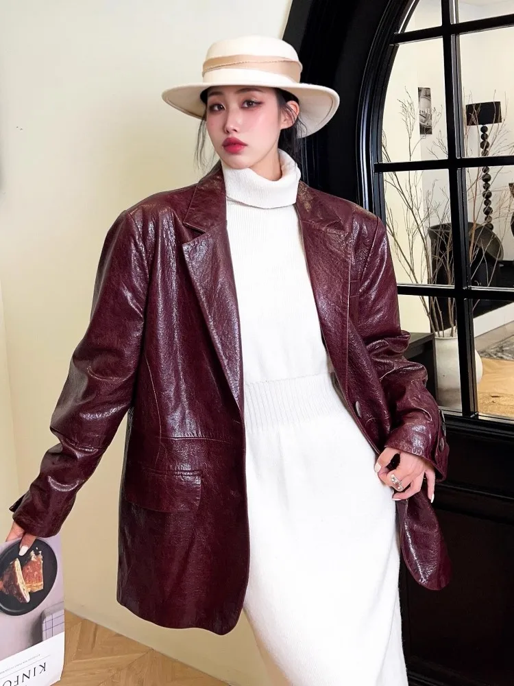 Medium Length Office Lady Genuine Leather Blazers Solid Color Loose Fit Women Real Sheepskin Vintage Design Casual Suit Jacket