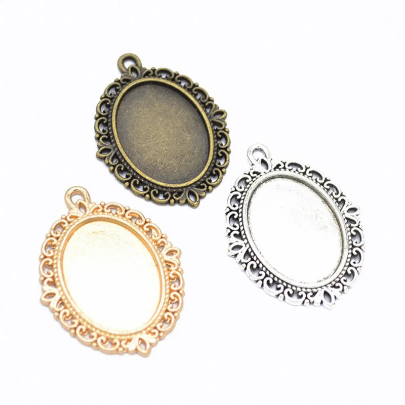 REGELIN 10 sztuk/partia 18x25mm owalne wisiorek puste ustawienia Cabochons bazy Bezel tacki mieszczą się Cabochon Cameo naszyjnik DIY biżuteria, dzięki czemu