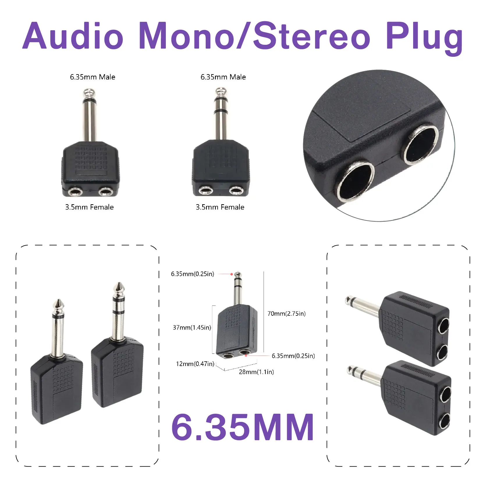 Mono / Stereo Audio Jack Plug Adapter 6.35 Mm Male To 3.5/6.35mm Female Headphone Microphone Splitter Converter
