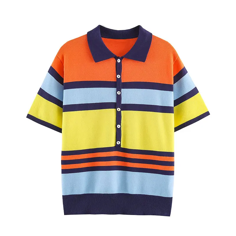 Nlzgmsj 2026 Women Colorful Stripe Knit Polo Shirt Short Sleeve Button Down Casual Preppy Style Summer Tops