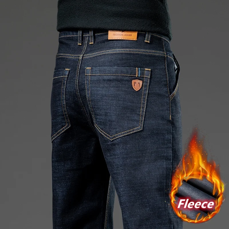 

2025 зимние новые стильные мужские флисовые толстые повседневные джинсы, модные деловые шерстяные теплые прямые брюки, молодежные повседневные рабочие брюки