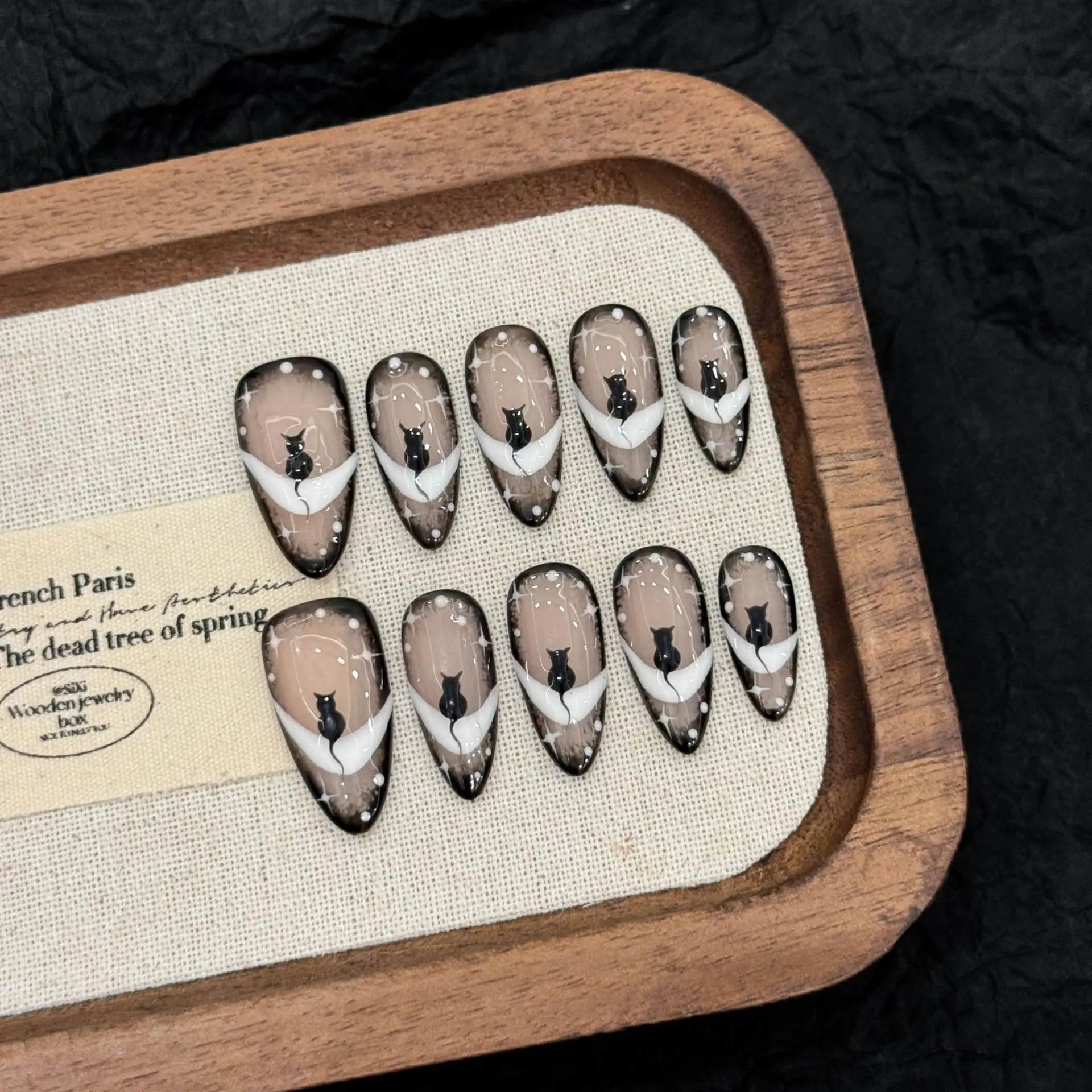 

10PCS Cute Cat Handmade Press on Nails Long Almond Brown Gradient with Glitter Star Design Artistic False Nails for Women Girls