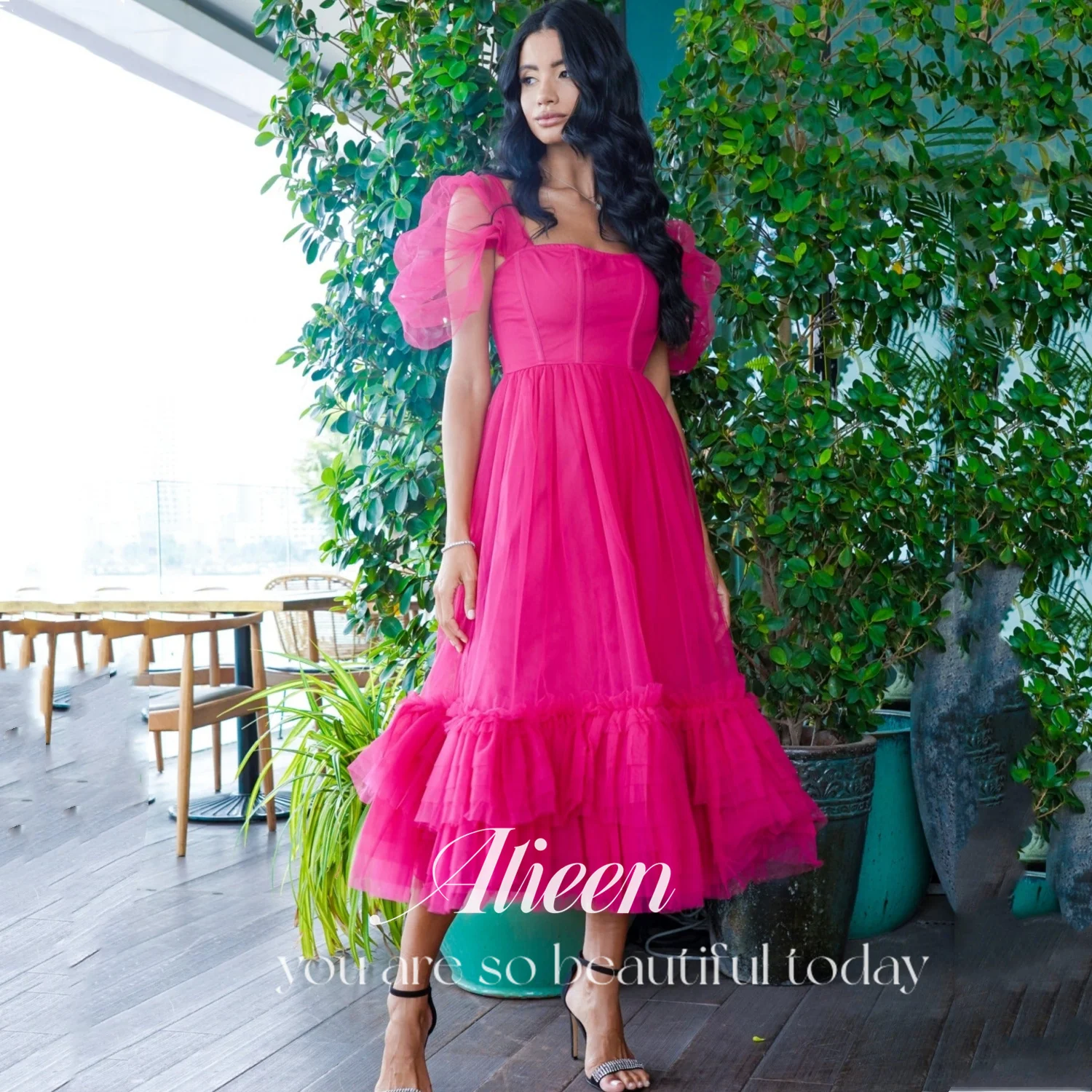 

Aileen Bright Pink Long Dresses for Special Events Chiffon New Evening Dresses 2023 Mid Length Simple and Elegant Formal Dress