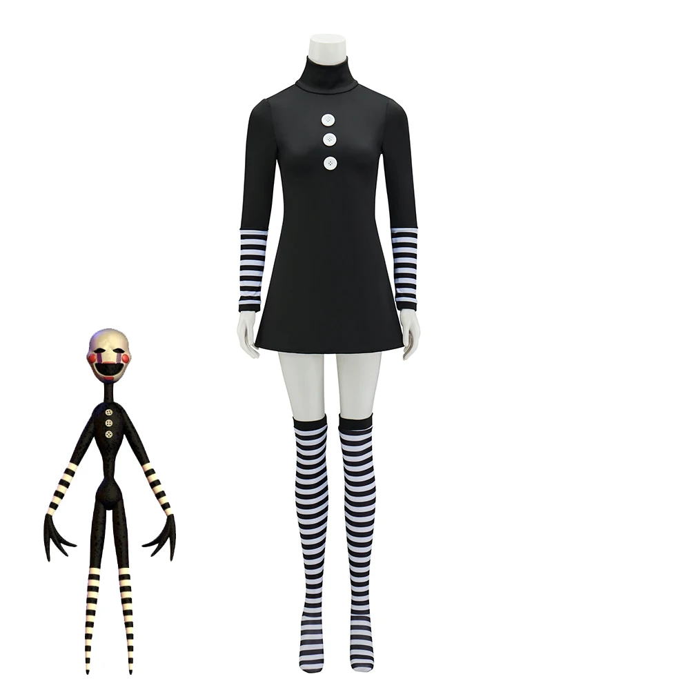 Movie FNAF Cosplay Marionette Costume Woman's Black Dress with Stocks Halloween Carnival Puppet Outfit