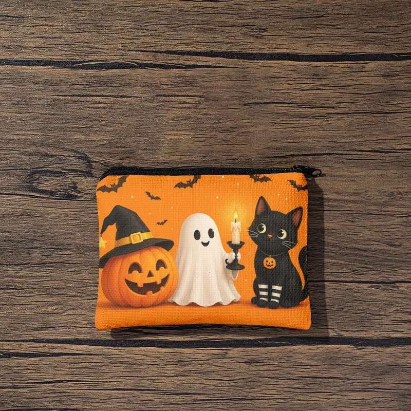 1 Piece Coin Purse, Halloween Pumpkin Ghost Black Cat Double-Sided Printed Linen Coin Purse, Mini Wallet, Coin Bag, Makeup Bag, Unisex, with Zipper, Lightweight, Durable, Washable