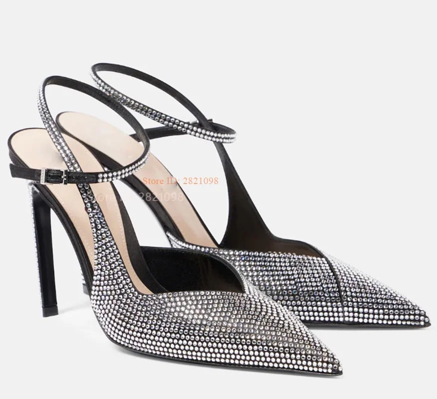 Crystal Embellished Satin Pumps Thin High Heeled Ankle Wrap Shiny Women High Heel Pointy Toe Dress Shoes