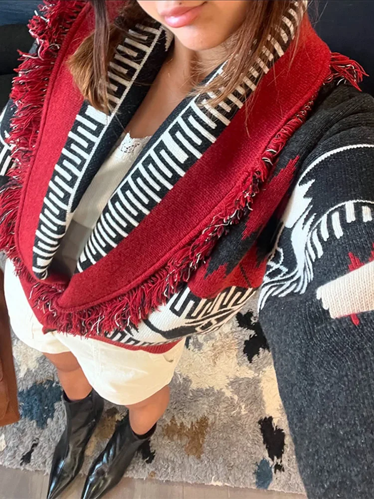 Tassel Print Deep V-neck Short Sweater Cardigan Women Long Sleeve Knitwear Female 2025 Fall Vintage Ladies Outwear
