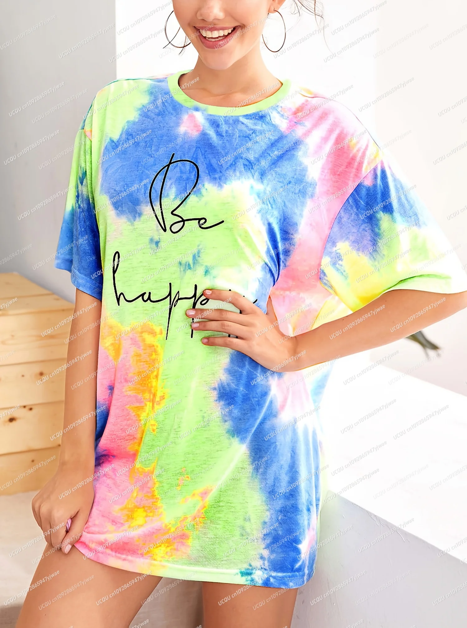 2025年夏新作 レディース Tシャツワンピース 迷彩柄 レタープリント BE HAPPY プリント Oネック 半袖 プルオーバーワンピース レディース服