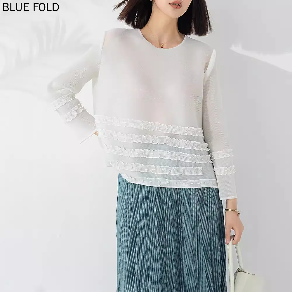 MIYAKE Pleated 2024 Autumn New Style Fashionable Loose Casual Long-sleeved Lace Round Neck Beaded Temperament Pullover Top PLEAT