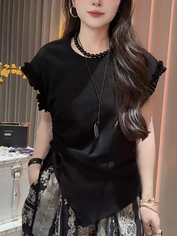 

Корейская женская футболка больших размеров с круглым вырезом, оборками и завязками, черная, для повседневной носки, Gtuq