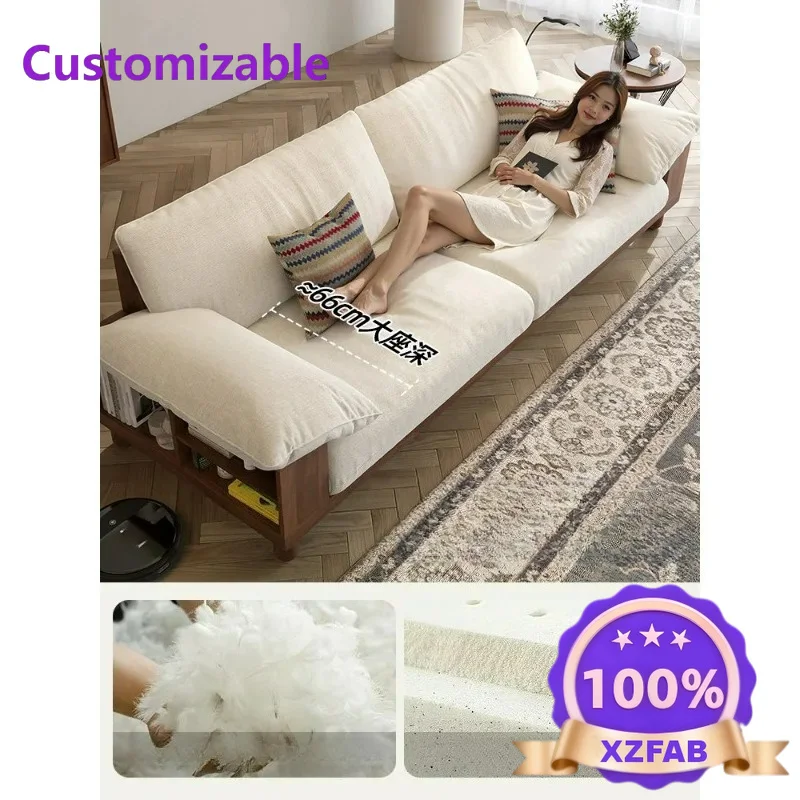 Factory Direct 2026 Fabric solid wood sofa small apartment living room straight three-person log wind elephant ear sofa