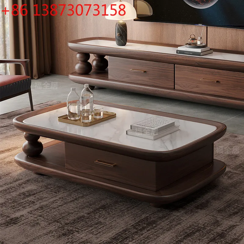 

Song's aesthetics rock-embedded slab square solid wood coffee table TV cabinet combination living room home fashion black walnut