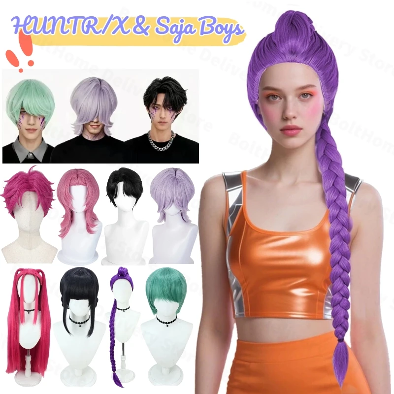 2025 فيلم Kpop شعر مستعار تأثيري HUNTR/X & Saja بنين شيطان الصيادين الشعر مقاومة للحرارة بيروكات صناعية كرنفال الدعائم للنساء الفتيات