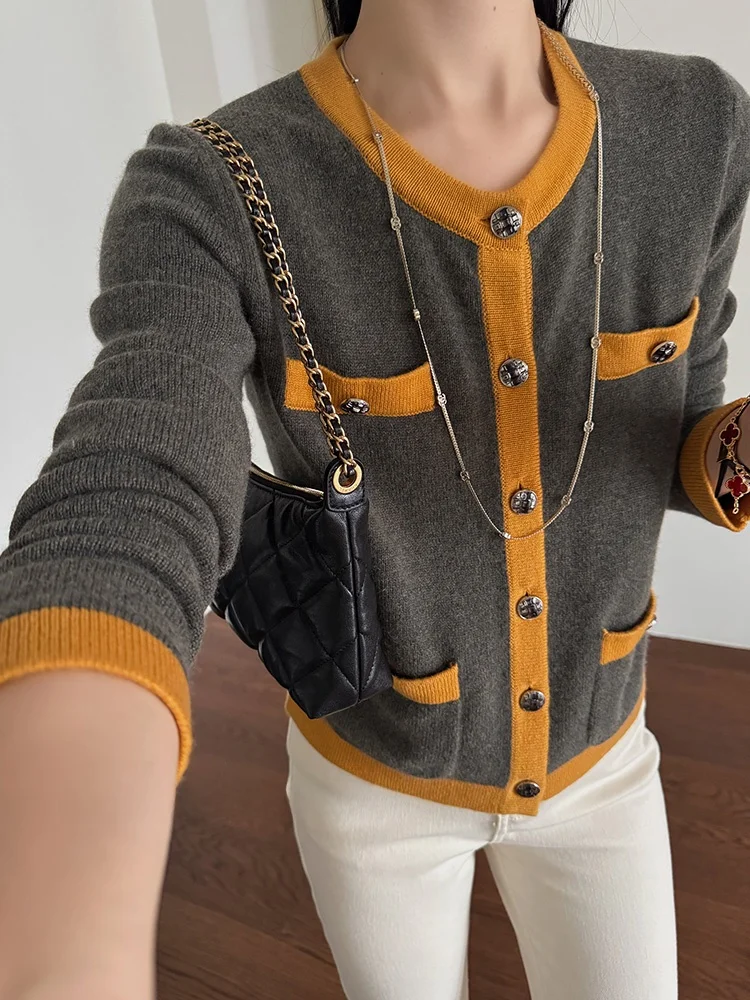 

Шерстяной трикотаж Camere с цветными блоками, повседневный, с длинным рукавом, круглым вырезом, мягкий, удобный, для ежедневной носки, для женщин