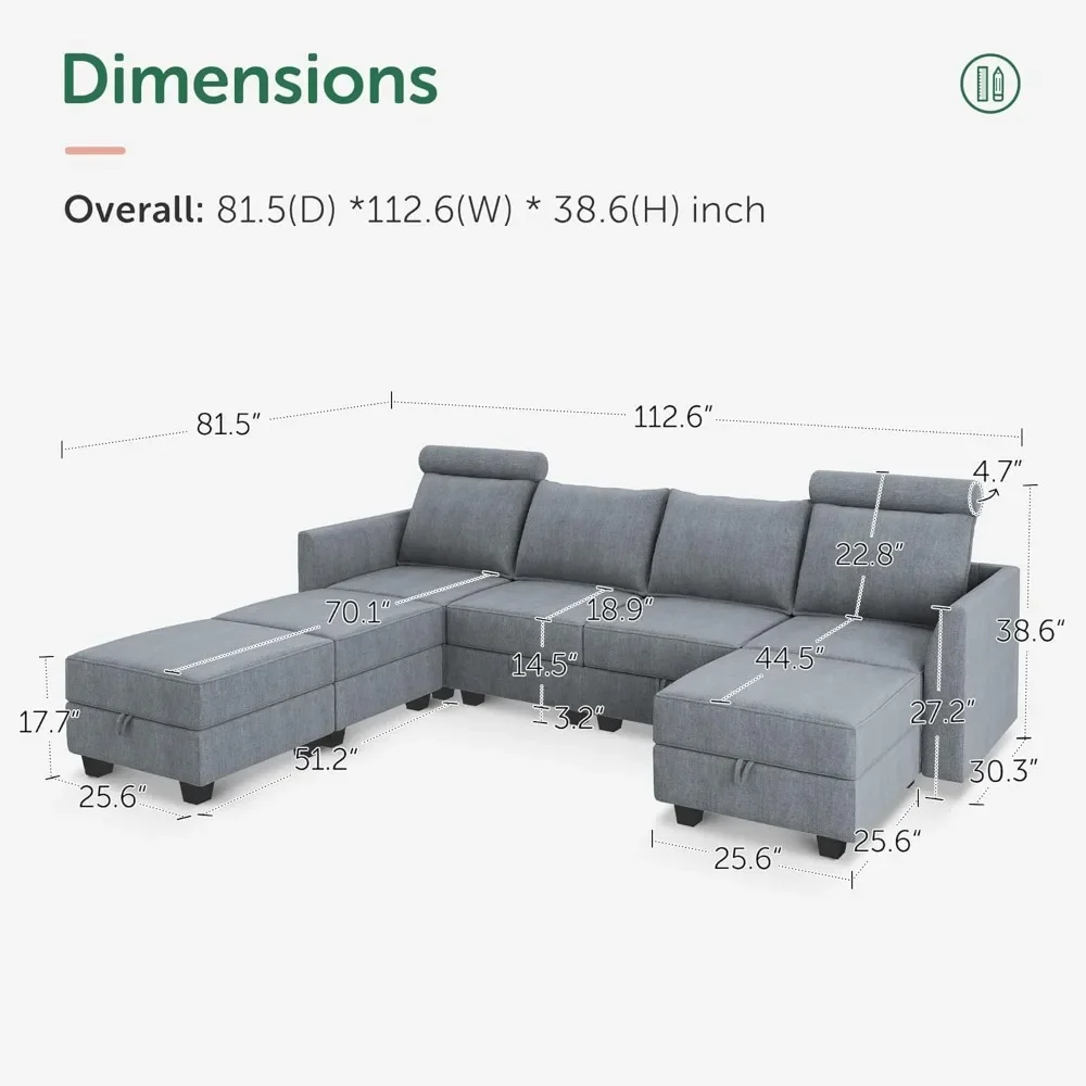 Modular Sectional Sofa with Storage Seats Convertible U-shaped Sectional Couch, Upgraded High Back Modular Couch for Living Room