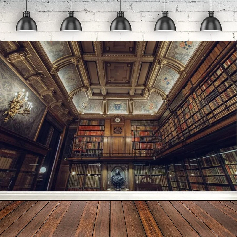 Classic Library Interior Background Vintage Bookcase Photography Backdrop Bookshelf Literature Education Books Banner Poster