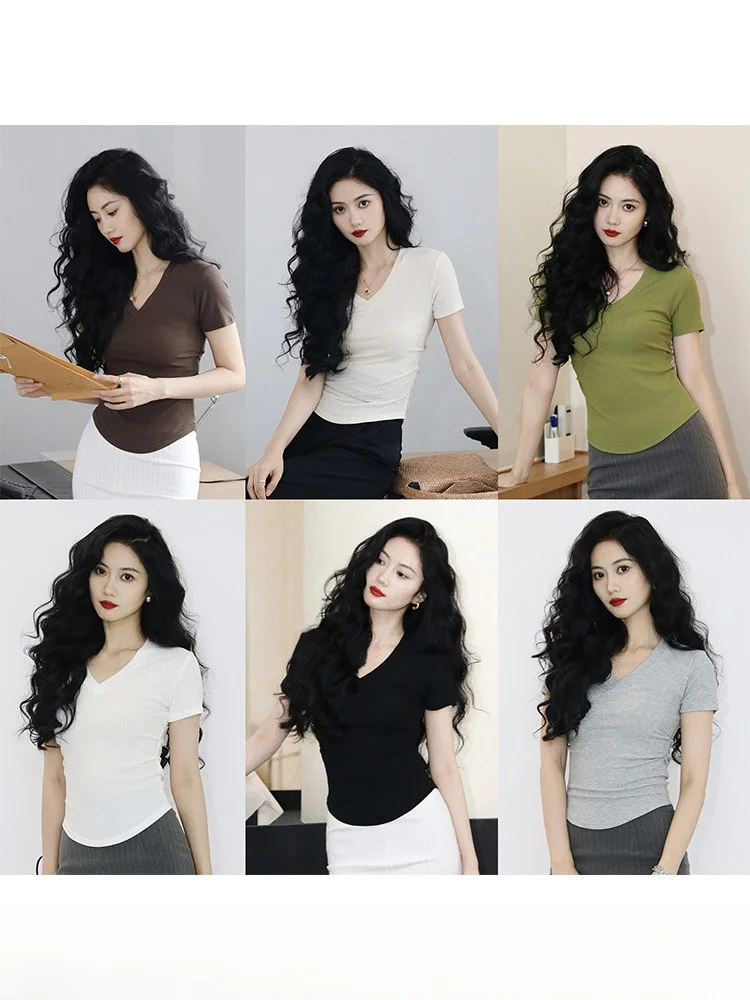 

TAIYANG футболка для похудения с V-Ne в рубчик на талии ort Sve, женская летняя новая футболка Elely, облегающая футболка