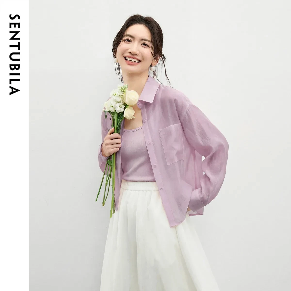 

SENTUBILA Women's Short Shirt 2026 Summer Purple Loose Casual Simple Blouse Sweet Elegant Sun Protection Tops 162CA6585X