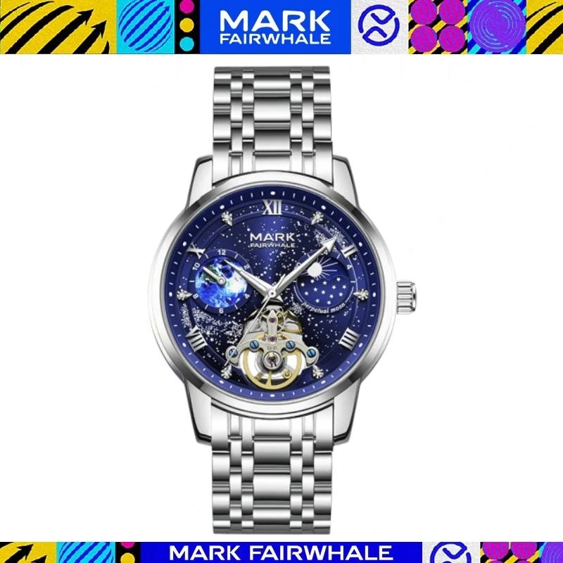 Mark Fairwhale 6045 Men Automatic Mechanical Watch 42MM Dial Tourbillon Moon Phase 30M Waterproof Wristwatch with Gift Box