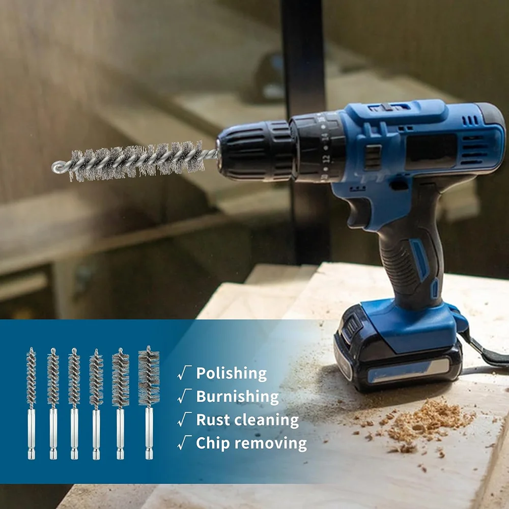 6/12-teiliges Edelstahl-Drahtbürsten-Set – 1/4 Zoll Sechskantgriff-Bohrreinigungswerkzeuge zum Schleifen, Polieren und Rostentfernung