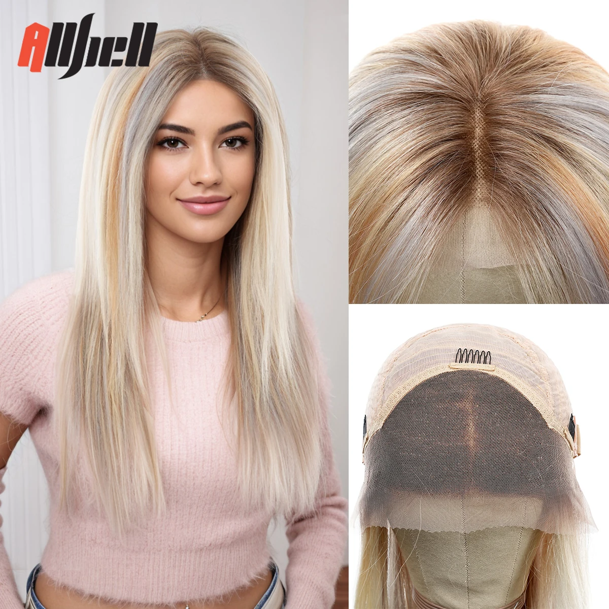 16 Inches Remy Human Hair Long Straight Platinum Blonde Highlights Wigs Hair 13*4 Lace Frontal Human Hair Wigs for Women