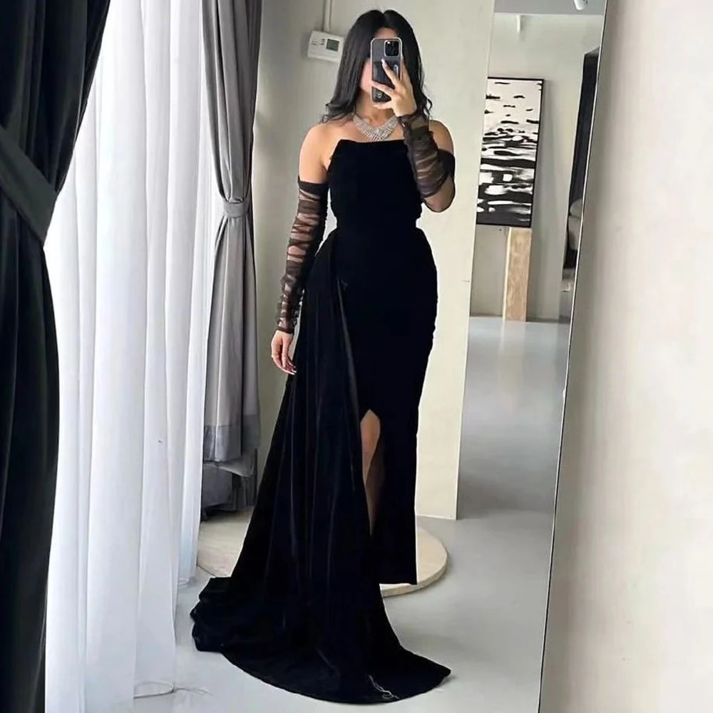 

Customized Formal Velvet Black Detachable Sleeve Evening Dress Fashion Strapless Straight Long Sleeves Bespoke Occasion Gowns