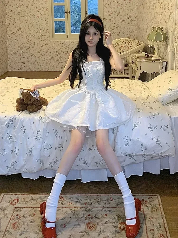 Süße Frau Kleid Mode Sommer Weiß Robe Femme Quadrat Kragen Ärmellose Bandage Rüschen Kleider 2025, Vestidos De Mujer