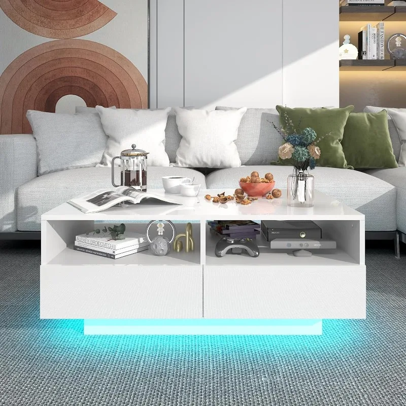 Mesa de centro LED con 4 cajones deslizantes de almacenamiento, mesa de centro moderna de alto brillo con luces LED de 20 colores para sala de estar