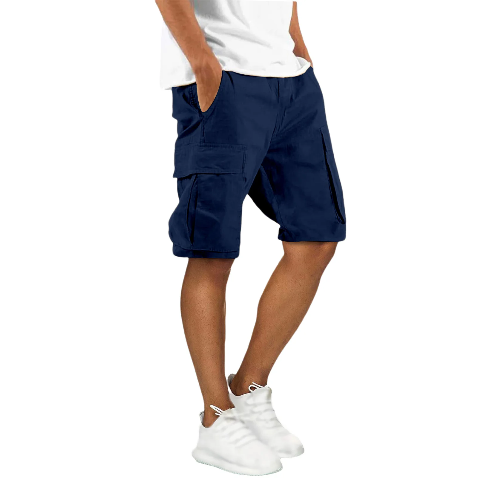 Shorts Cargo Masculinos com Múltiplos Bolsos para o Verão, Cintura com Cordão, Comprimento até o Joelho, Uso ao Ar Livre, Ajuste Solto, Confortáveis, Calças Casuais Masculinas