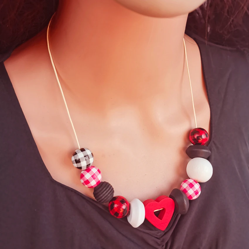 vintage cute wood beads heart Bib necklaces pendants for women adjustable long choker necklace Girls Neck Jewelry Accessories