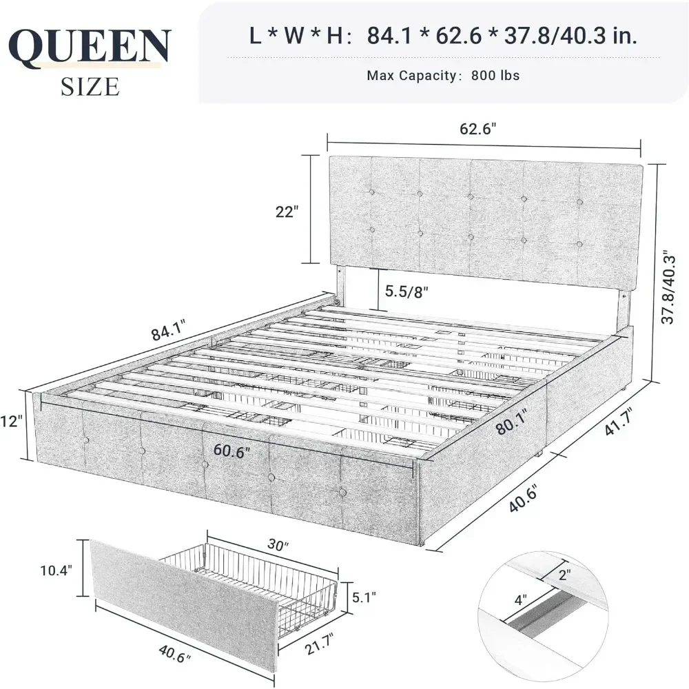 Upholstered Queen Size Platform Bed Frame with 4 Storage Drawers and Headboard, Square Stitched Button Tufted, Mattress