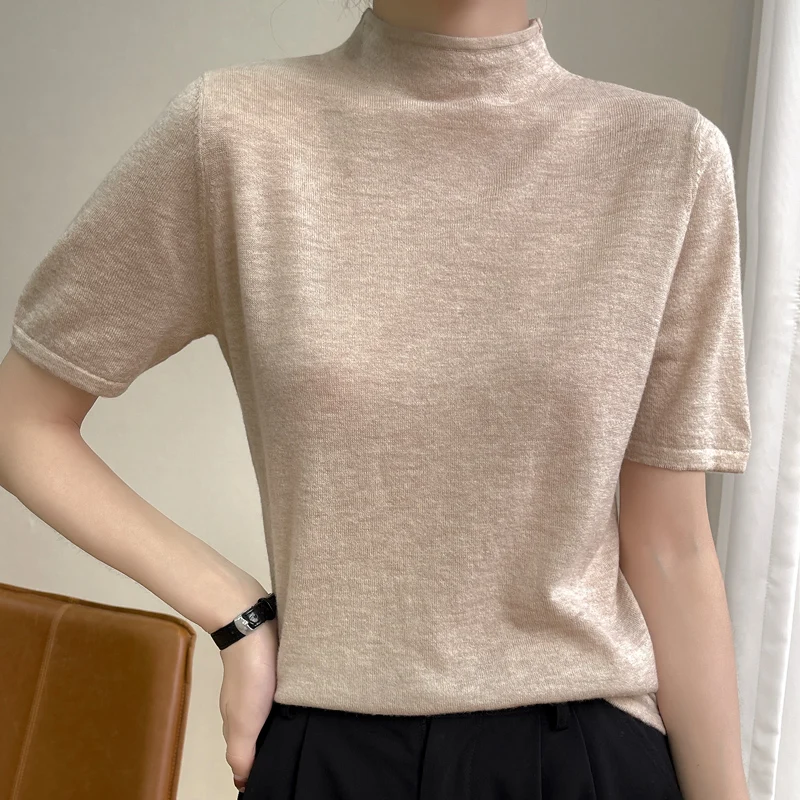 Commuter Thin Round Half Turtleneck Wool Knitted Short-sleeve Women's Summer Loose Pullover One Piece Ladies Half-sleeve T-shirt