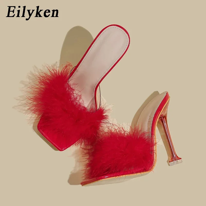 Eilyken Summer Design Feather Faux Fur Women Slippers Sexy Square Toe Clear Crystal High Heels Shoes Party Prom Slides Sandals